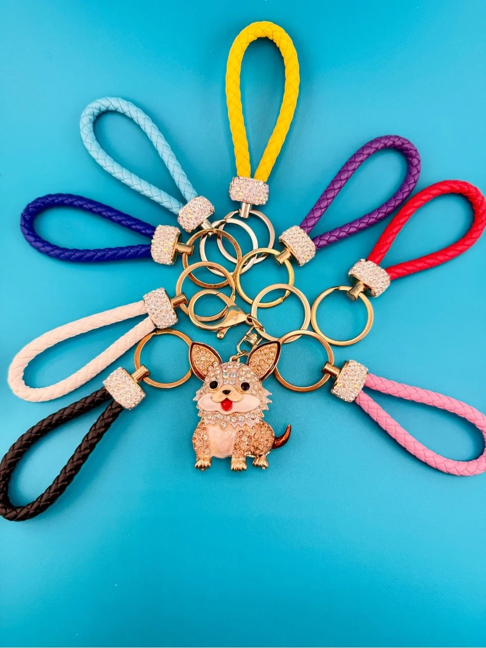 🐶 White & Gold CORGI PUPPY DOG Crystal Rhinestone Bag Charm /Keychain + Key Ring